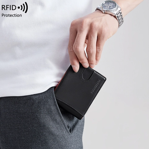 Minimalist Men Genuine Cowhide Leather Wallet RFID Blocking Slim Bifold Card Holder With Metal Money Clip Business Casual