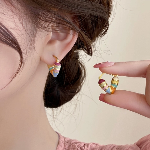 Pendientes De Aro De Corazón De Esmalte Colorido Con Poste De Plata Esterlina 925 Joyas Chic Geométricas Retro Francesas