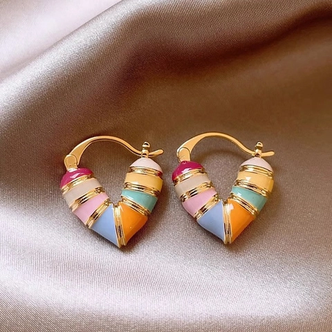Pendientes De Aro De Corazón De Esmalte Colorido Con Poste De Plata Esterlina 925 Joyas Chic Geométricas Retro Francesas