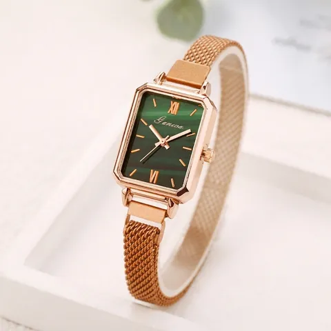 Women's Rectangular Quartz Watch Green Dial Rose Gold Milanese Mesh Strap Retro Fashion Elegant Wristwatch For Lady