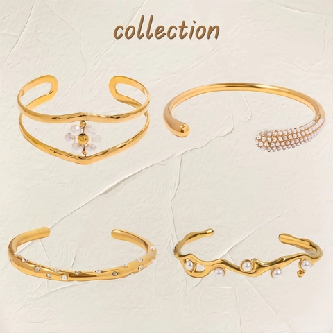 Mode Armband Roestvrij Staal Kunstparel Strass Verguld Open Manchet Verstelbare Elegante Sieraden Voor Dames