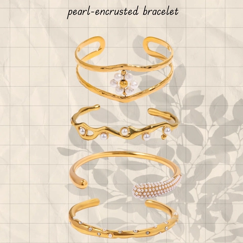 Mode Armband Roestvrij Staal Kunstparel Strass Verguld Open Manchet Verstelbare Elegante Sieraden Voor Dames
