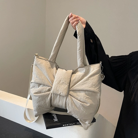 Grande Borsa Tote Con Fiocco Tessuto Nylon Trapuntato Imbottito Borsa Tracolla Borsa Spalla Moda Versatile Donne