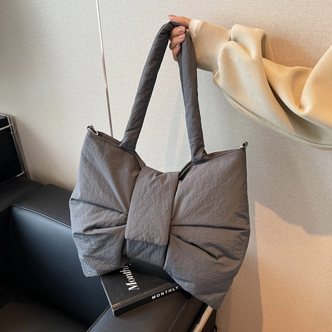 Grande Borsa Tote Con Fiocco Tessuto Nylon Trapuntato Imbottito Borsa Tracolla Borsa Spalla Moda Versatile Donne