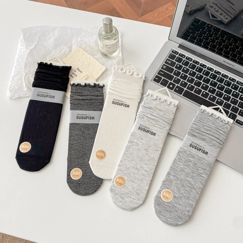 Women Crew Socks Mulberry Satin Viscose Blend Breathable Ruffle Trim Frill Edge Ballet Style Slouchy Ribbed Casual Solid Color