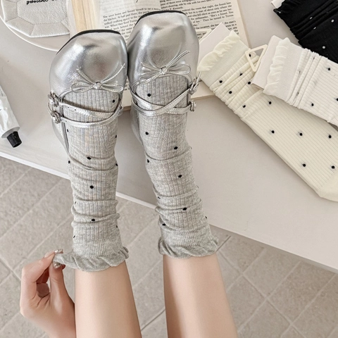 Damen Socken Baumwollmischung Atmungsaktiv Punktmuster Rüschenkante Japanischer Stil Weich Elastisch Mittelhoch