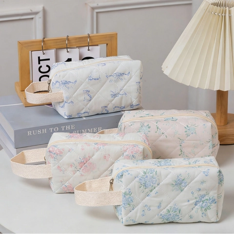 Neceser De Maquillaje Acolchado Estampado Floral Gato Bolsa Cosmética Portátil Organizador Con Asa