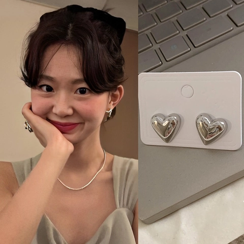 Heart Stud Earrings With 925 Sterling Silver Earring Post 3D Stereo Mirror Polished Metal Minimalist Fashion For Women