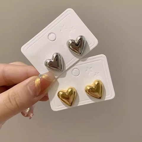 Heart Stud Earrings With 925 Sterling Silver Earring Post 3D Stereo Mirror Polished Metal Minimalist Fashion For Women