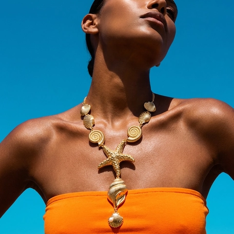 Collar de Aleación de Oro con Colgante de Estrella de Mar y Concha Joyería de Verano para Playa y Fiesta Mujer