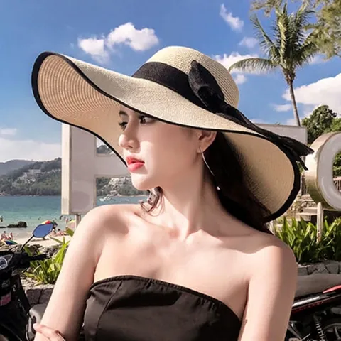 Women Wide Brim Straw Sun Hat Foldable Beach Vacation Elegant Ribbon Bowknot Summer Sun Protection Breathable