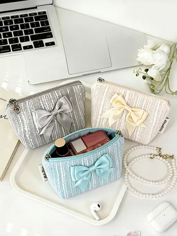 Mini Coin Purse Tweed Fabric Makeup Bag With Large Satin Bow Zipper Portable Small Pouch For Women Elegant Style