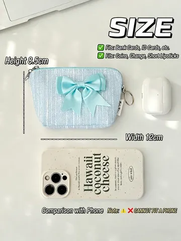 Mini Coin Purse Tweed Fabric Makeup Bag With Large Satin Bow Zipper Portable Small Pouch For Women Elegant Style
