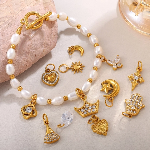 Stainless Steel Charms Pendants Gemstone Zircon Rhinestone DIY Jewelry Making Heart Star Moon Evil Eye Cross