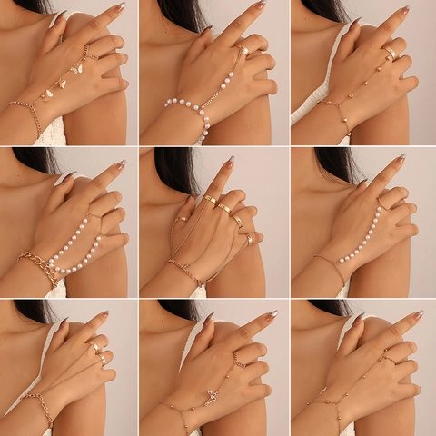 Bohemian Alloy Butterfly Artificial Pearl Hand Harness Slave Bracelet For Women Gold Silver Heart Chain Finger Ring Bracelet Jewelry