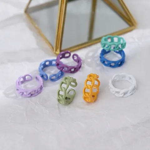 Alloy Cuban Link Chain Rings Colorful Macaron Spray Paint Adjustable Hollow Design Fashion Jewelry For Women