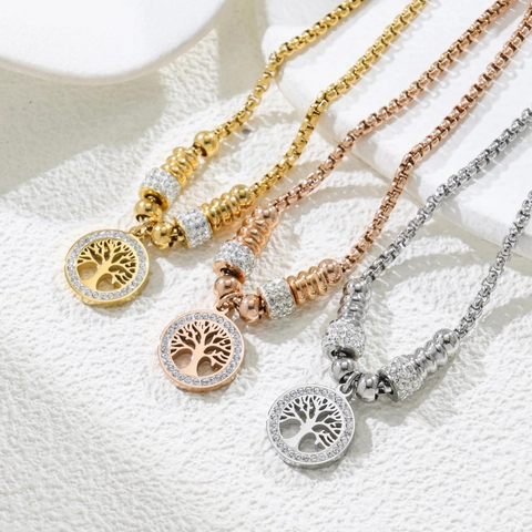 Tree Of Life Pendant Bracelet Stainless Steel Adjustable Pull Clasp With Rhinestones Beaded Hollow Elegant Fashion Jewelry For Women