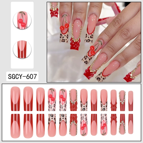 Lange Coffin Kunstnagels Met Rode Franse Tips Luipaardprint En 3D Kers Strass Boog Hars Kunstnagels Voor Dames