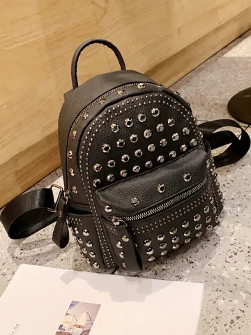 Fashion Punk Rivet PU Leather Mini Backpack For Women Solid Color Casual Travel Streetwear Multi-Way Carry Small Shoulder Bag
