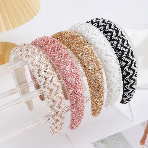 Handmade Beaded Rhinestone Headband Vintage Wave Pattern Sequin Wide Hair Band Elegant Fashion Hair Accessories For Women