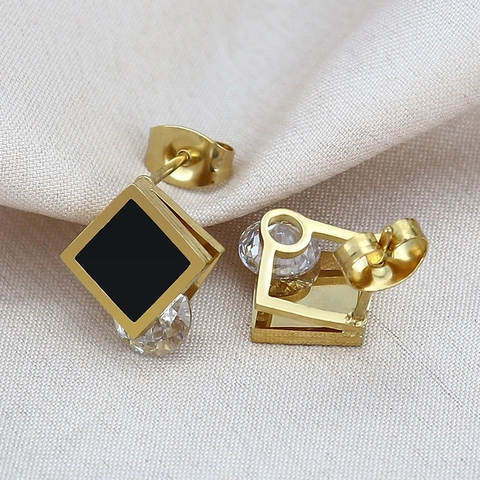 Orecchini a Bottone Quadrati Geometrici in Acciaio Inossidabile per Donna Smalto Nero Strass Intarsiato Gioielli Minimalisti