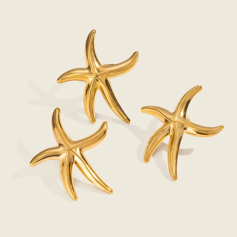 Ocean Theme Starfish Stud Earrings And Adjustable Open Ring 18K Gold Plated Stainless Steel Beach Jewelry For Women