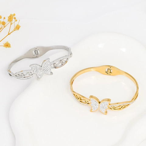 Stainless Steel Butterfly Bangle For Women Gold Silver Plated Sparkling Full Rhinestone Inlaid Hollow Cuff Bracelet Jewelry Gift