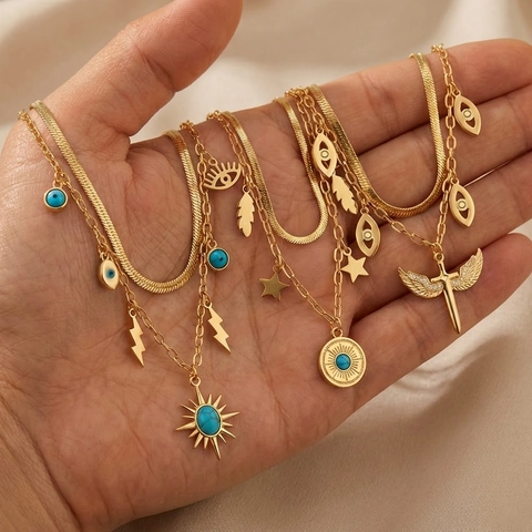 Zweilagige Edelstahlkette 18K Vergoldet Böses Auge Türkis Sonnenstrahl Boho Schmuck Für Damen