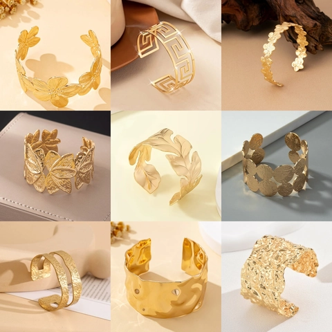 Exaggerated Wide Cuff Bracelets For Women Gold Plated Alloy Hammered Texture Floral Leaf Greek Key Fashion Adjustable Jewelry