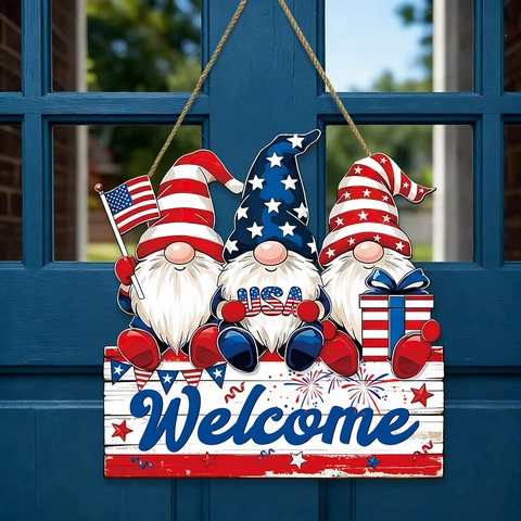 Plaque Suspendue en Bois Gnomes Patriotiques Welcome USA Suspension de Porte Fête de l'Indépendance Américaine Décoration Maison