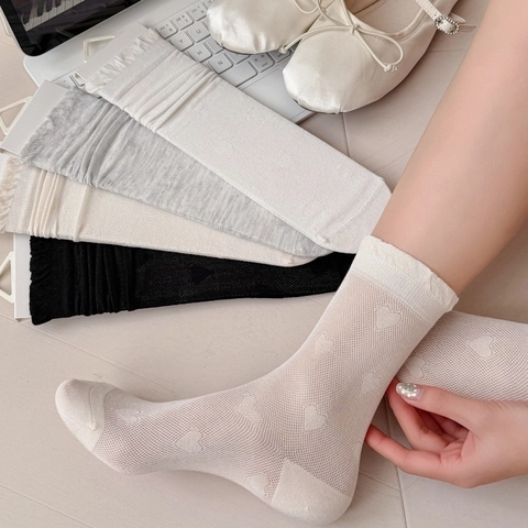 Chaussettes Mi-Mollet Femmes Mélange Satin Respirant Mesh Motif Cœur Bordure Volants Doux Élégant