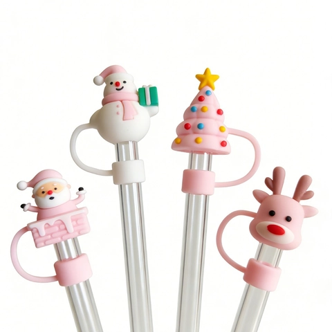 Copri Cannucce Rosa Natale Silicone Antipolvere Riutilizzabile Punte Per Cannucce Decorazione Festa Regali