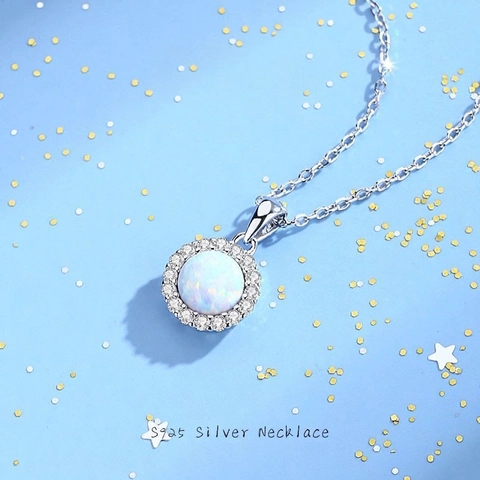 Collana con Ciondolo in Opale Rotondo in Argento Sterling S925 per Donna Gioielli in Zirconia Intarsiata Placcata Oro Bianco