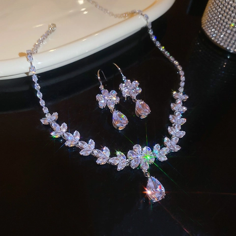 Luxury Zircon Flower Butterfly Necklace And Earrings Jewelry With Silver Earring Post Copper Bridal Wedding Accessory