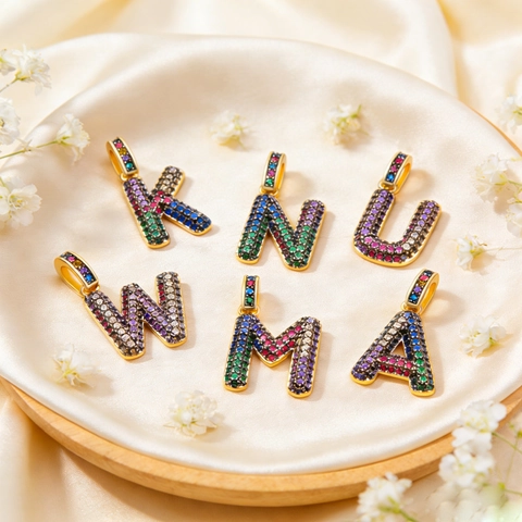 Pendente Lettera Alfabeto Rame Con Zircone Colorato Produzione Di Gioielli DIY Pavé Arcobaleno Stile Hip Hop