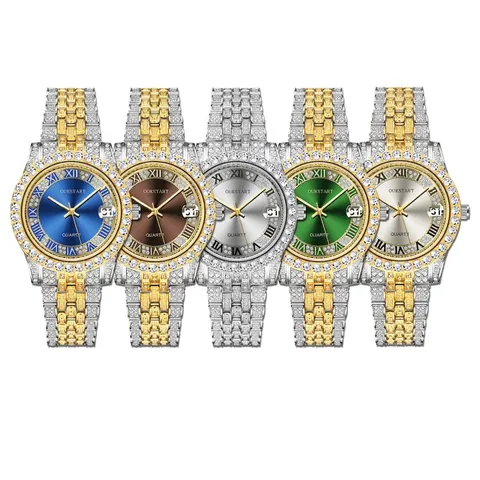 Orologio al Quarzo da Donna di Lusso Con Calendario Numeri Romani Intarsiato di Strass Cinturino in Lega Orologio da Polso Moda
