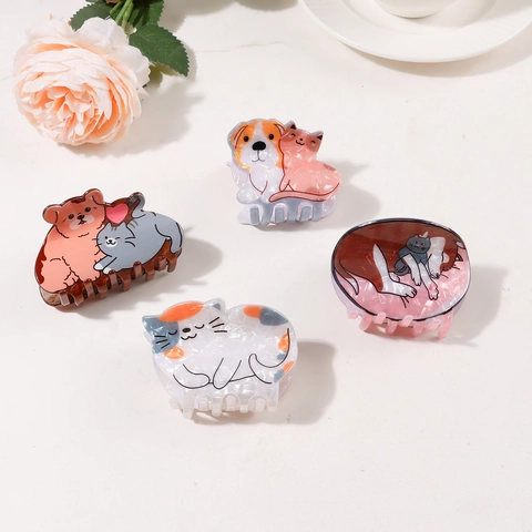 Leuke Cartoon Dier Haarspeldjes Acetaat Acryl Kat Hond Beer Vorm Marmer Textuur Zoete Mode Hoofddeksels Vrouwen Meisjes