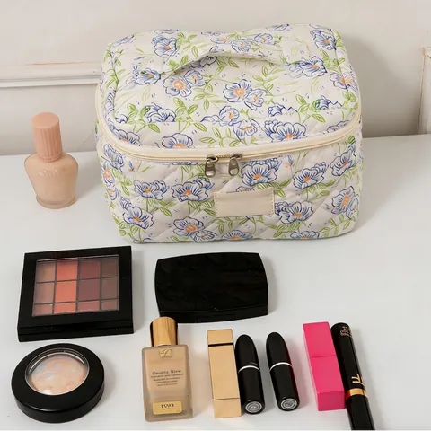 Fresh Floral Cotton Quilted Makeup Bag For Women Portable Toiletry Organizer Travel Wash Bag Large Capacity Cosmetic Bag