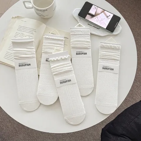 Damen Crew Socken Viskose Satin Mischung Spitze Rüschen Rand Hohl Aus Mesh Süße Ballett Stil Weiß