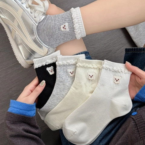 Damen Crew Socken Baumwollmischung Bärenstickerei Rüschenrand Atmungsaktiv Weich Lässig Süßer Stil Bequem Modisch