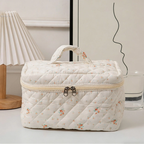 Fresh Floral Cotton Quilted Makeup Bag For Women Portable Toiletry Organizer Travel Wash Bag Large Capacity Cosmetic Bag