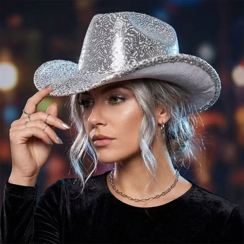 Cappello Da Cowboy Con Paillettes Tesa Larga Stile Western Per Feste Performance Festival Copricapo In Poliestere Lucido