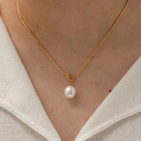 Freshwater Pearl Pendant Necklace Stainless Steel Gold Beaded Satellite Chain Waterproof Minimalist Jewelry For Women