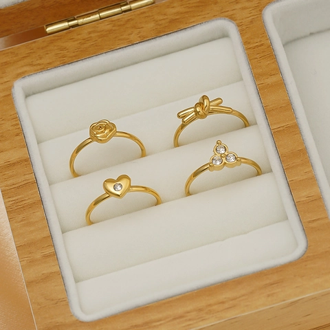 Stainless Steel Adjustable Ring 18K Gold Plated Heart Rose Knot Geometric Zircon Inlaid French Retro Minimalist Jewelry