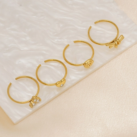 Stainless Steel Adjustable Ring 18K Gold Plated Heart Rose Knot Geometric Zircon Inlaid French Retro Minimalist Jewelry