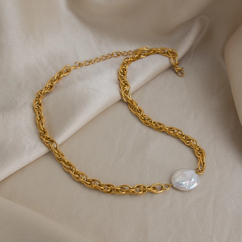 Collana E Bracciale A Catena Grossa Con Grande Perla Artificial Barocca Placcato Oro 18K Acciaio Inossidabile Gioielli Vintage Impermeabili