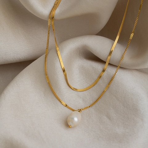 Layered Necklace 304 Stainless Steel Freshwater Pearl Pendant Snake Bone Herringbone Chain Elegant Jewelry For Women