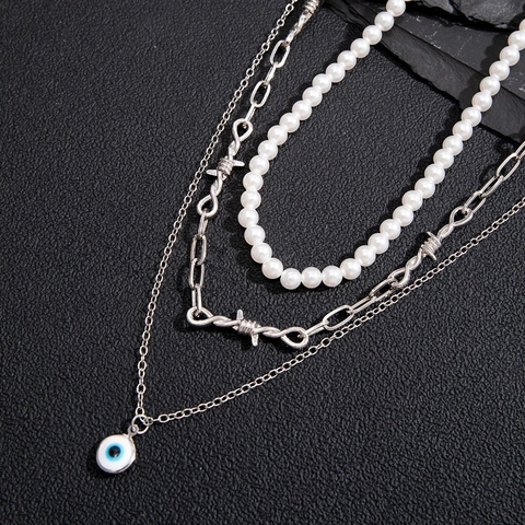 Collar De Varias Capas Para Hombre Con Imitación De Perla Artificial Blanca Alambre De Espino Plateado Y Colgante De Ojo Turco Azul