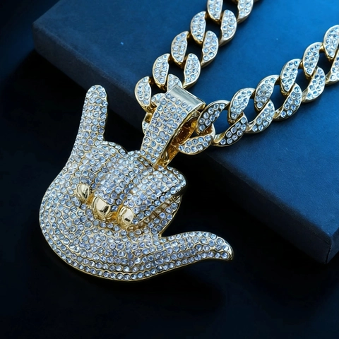 Collana Con Ciondolo Gesto Della Mano Shaka Hip Hop Iced Out Lega Di Zinco Strass Gioielli Da Uomo Catena Cubana
