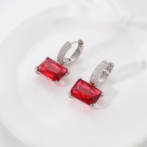 Rechteckige Bunte Edelstein Hängeohrringe Kupfer Mikro Pave Zirkonia Schmuck Für Frauen Elegante Party Kleidung